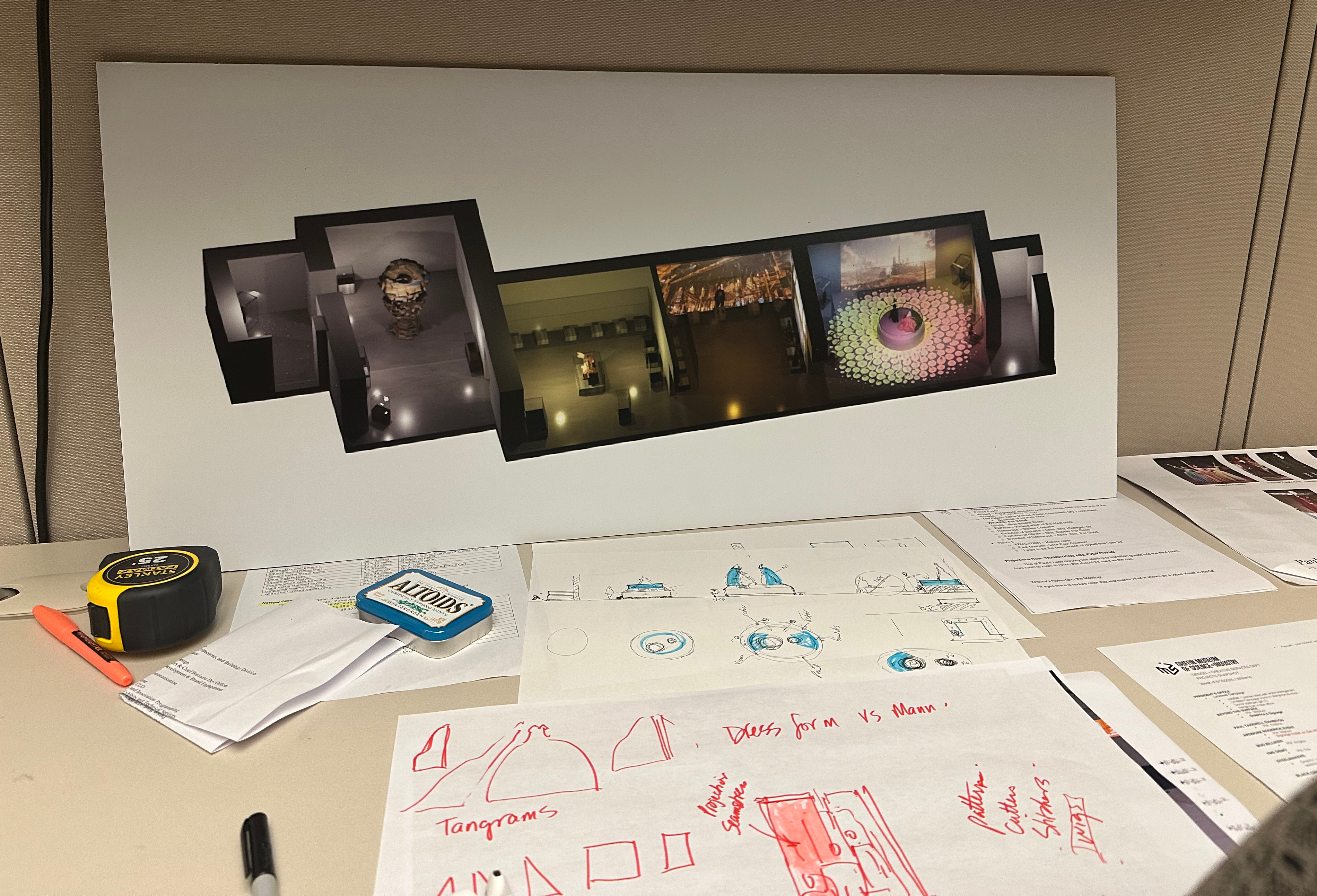 Printed exhibit rendering mounted on foam core board for internal design meeting