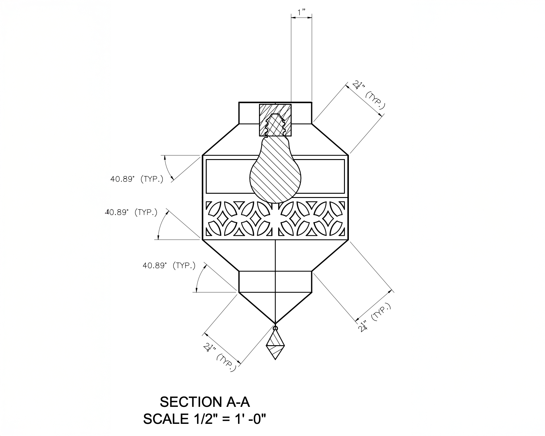 Section A–A through brass case showing angles and thickness
