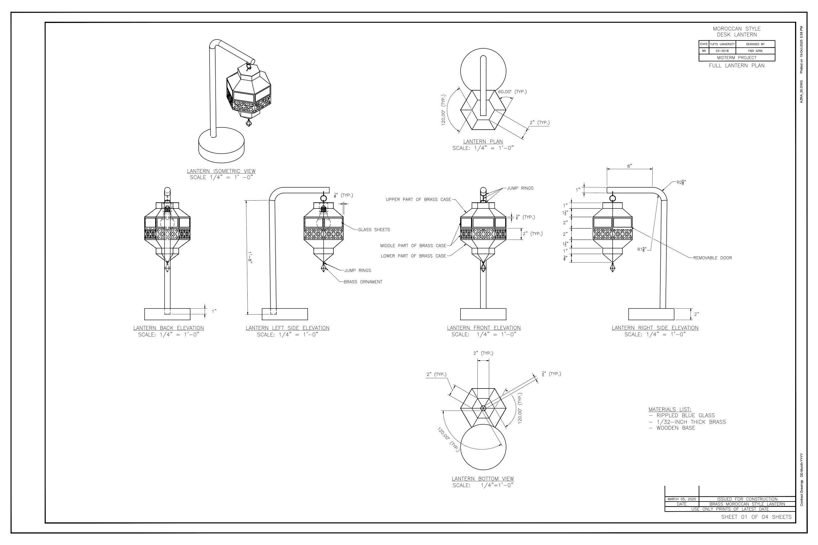 Sheet 01 — Plan, elevations, isometric, materials